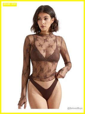 Women's Sheer Mesh Long Sleeve Mock Neck Lace Blouse Top